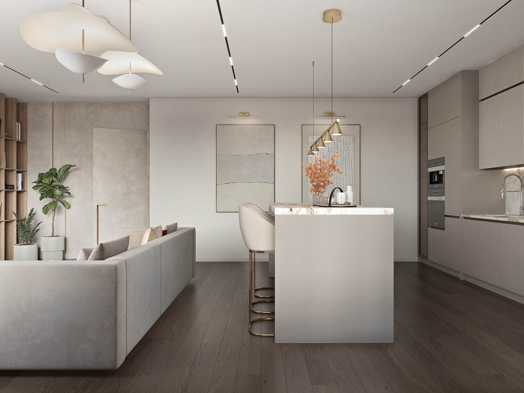 Гостиная-кухня в теплых оттенках-2