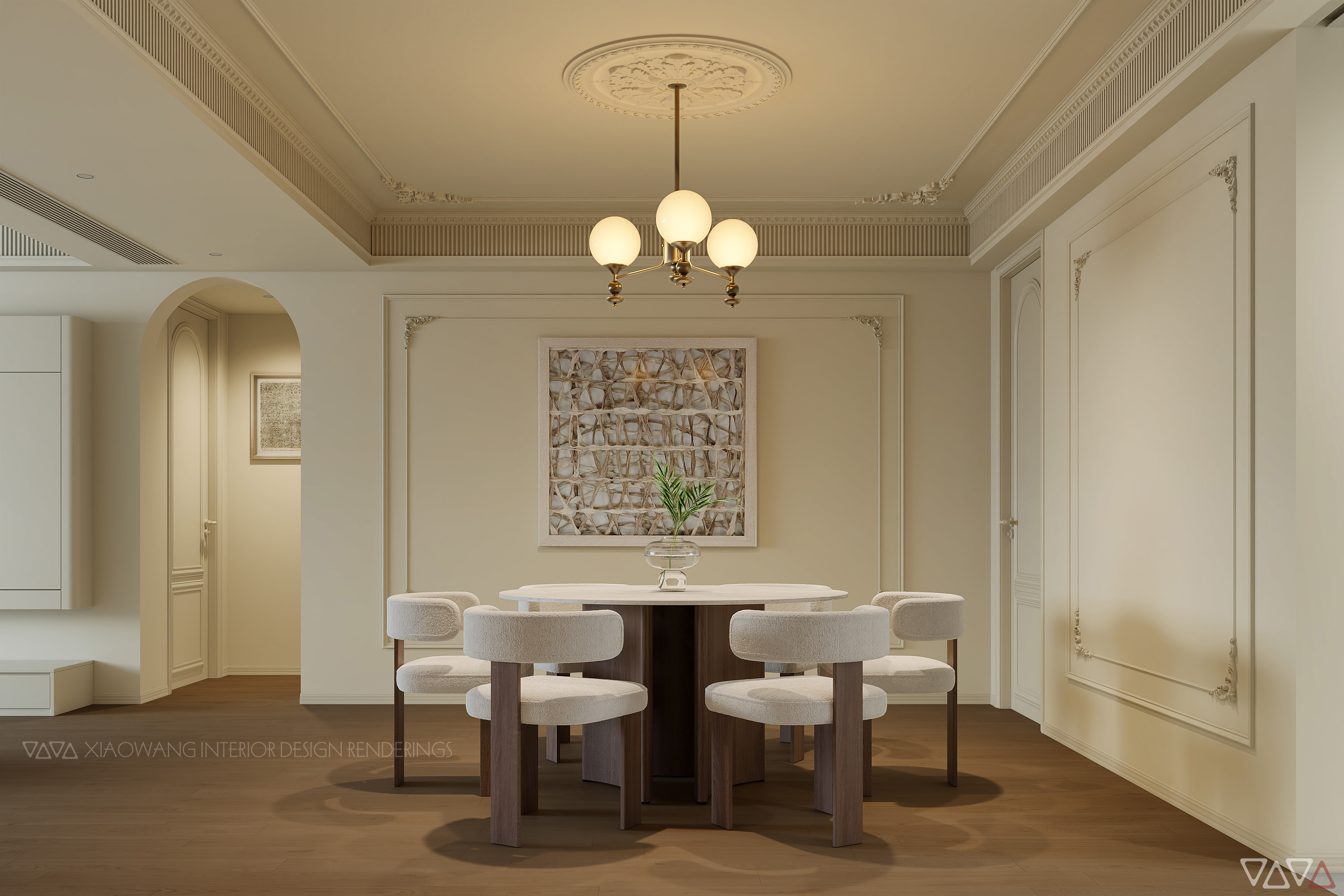 法式奶油风客餐厅效果图-9