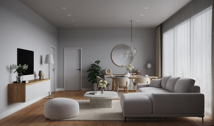 Soft Minimal Living & Dining Area | 3D Visualization-0