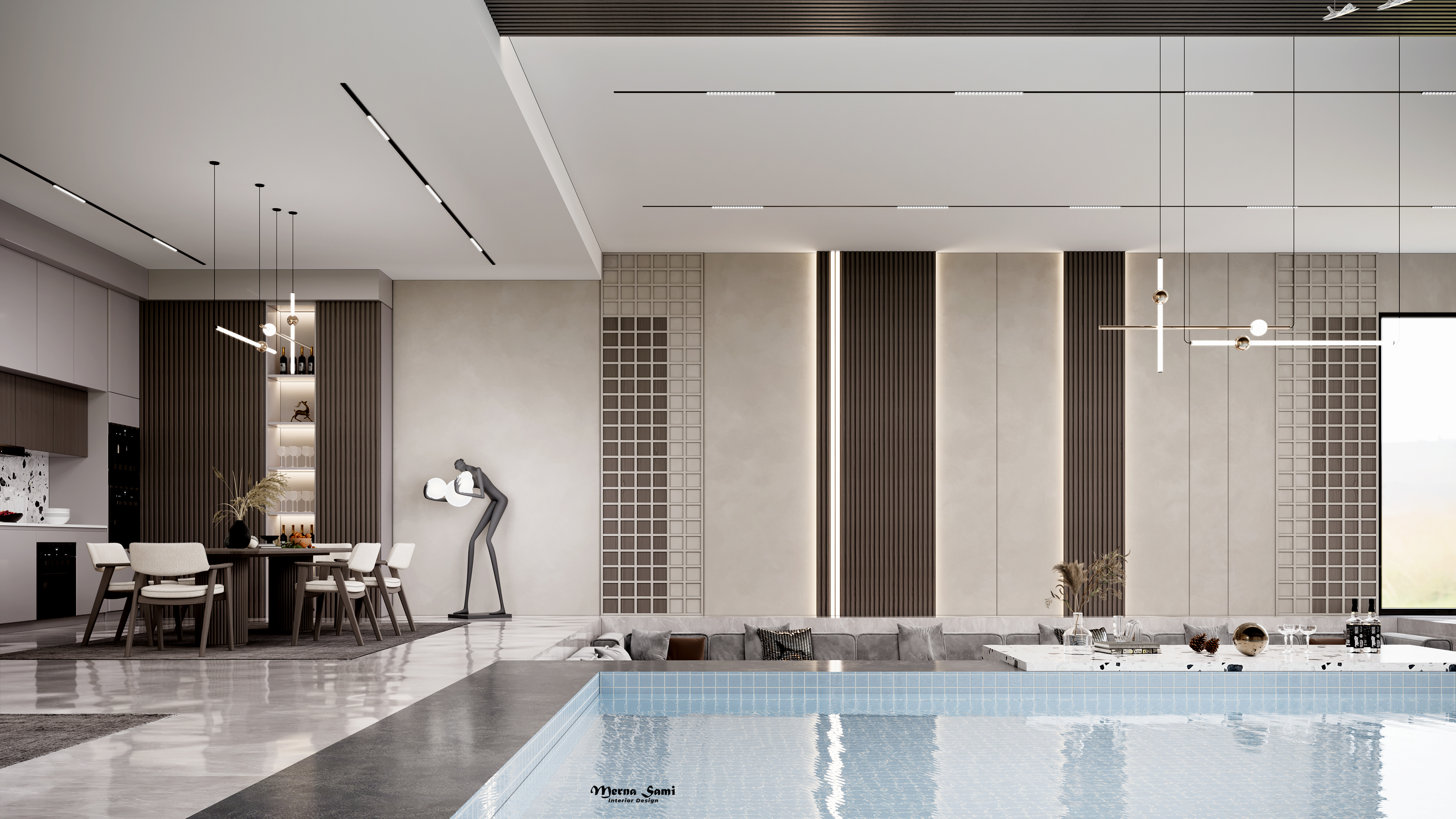 现代室内泳池,开放式厨房和客厅室内设计-15