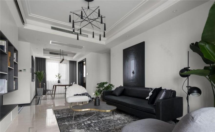 黑白基调的现代家居空间,书柜电视墙展现高雅品味-14