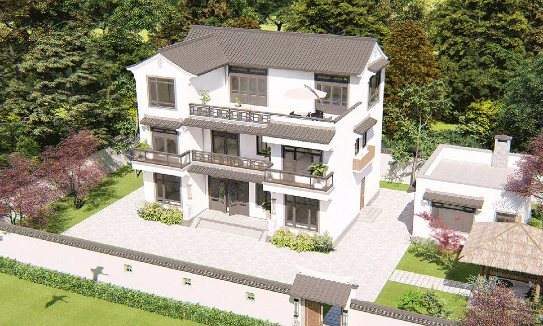 【设计师案例】土建参考造价95万，面宽14.4m×进深10.9m湖北宜昌三层新中式别墅-1