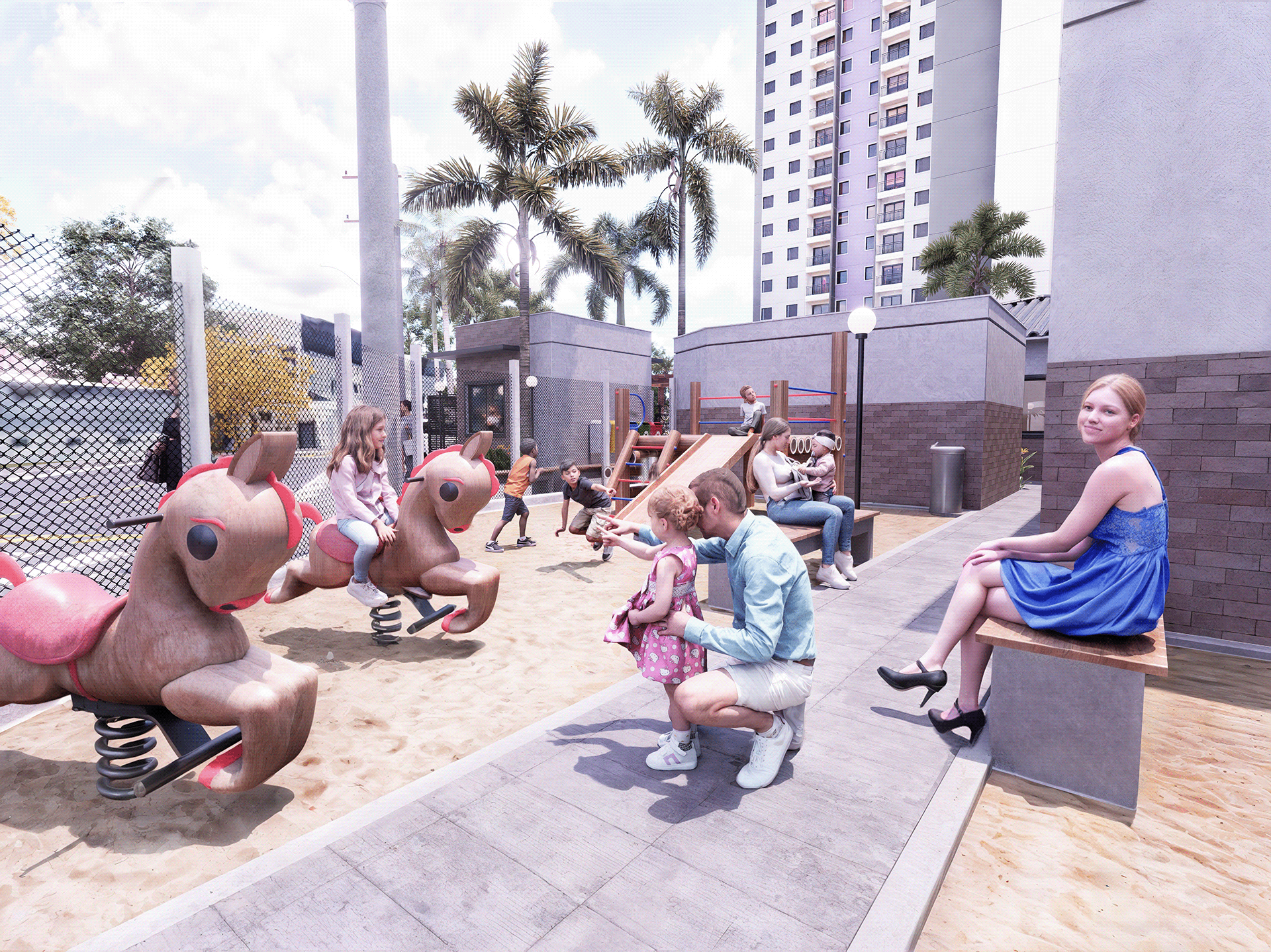 Visualização Arquitetônica: Fachada e Área de Lazer-9