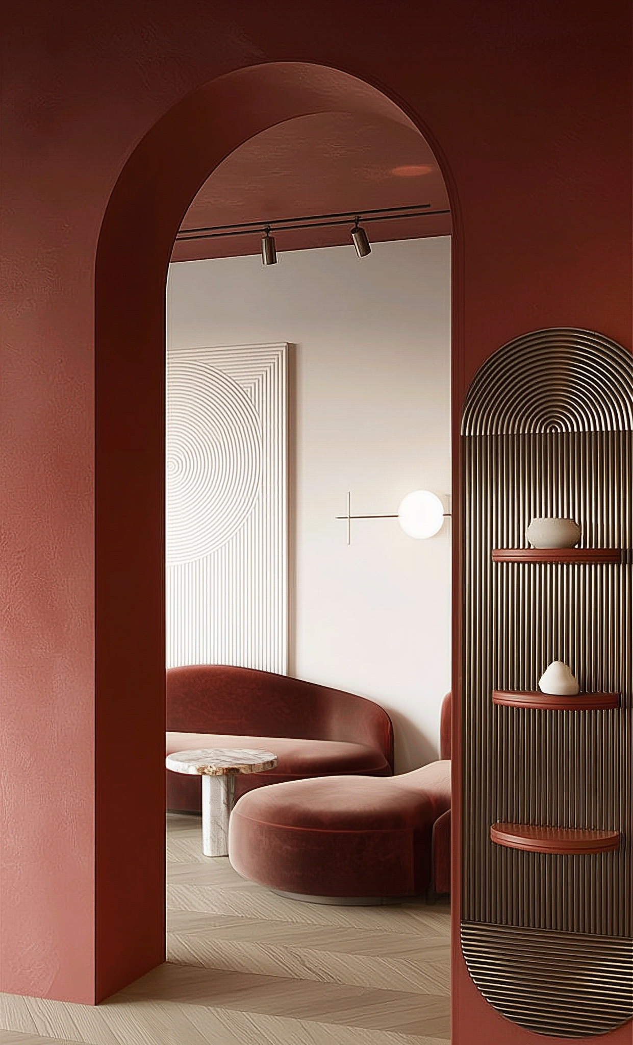 用红色弯曲（绘制、勾勒等，需结合具体语境确定curved准确含义）

注：由于不清楚curved在具体语境中的准确动作，这里给出一个宽泛解释若有更详细语境，可提供以得到更精确翻译  -19