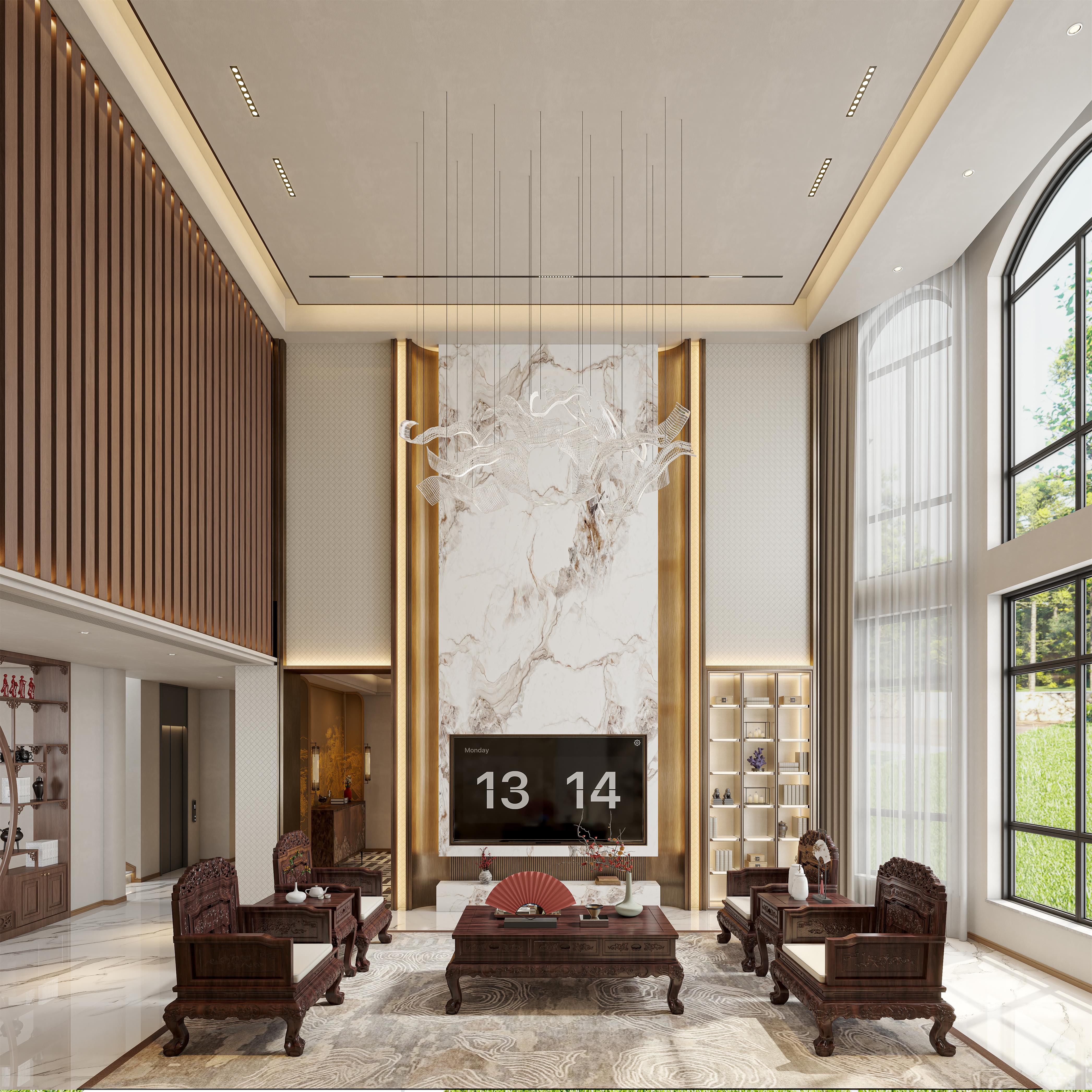 新中式挑空别墅全屋全景-0