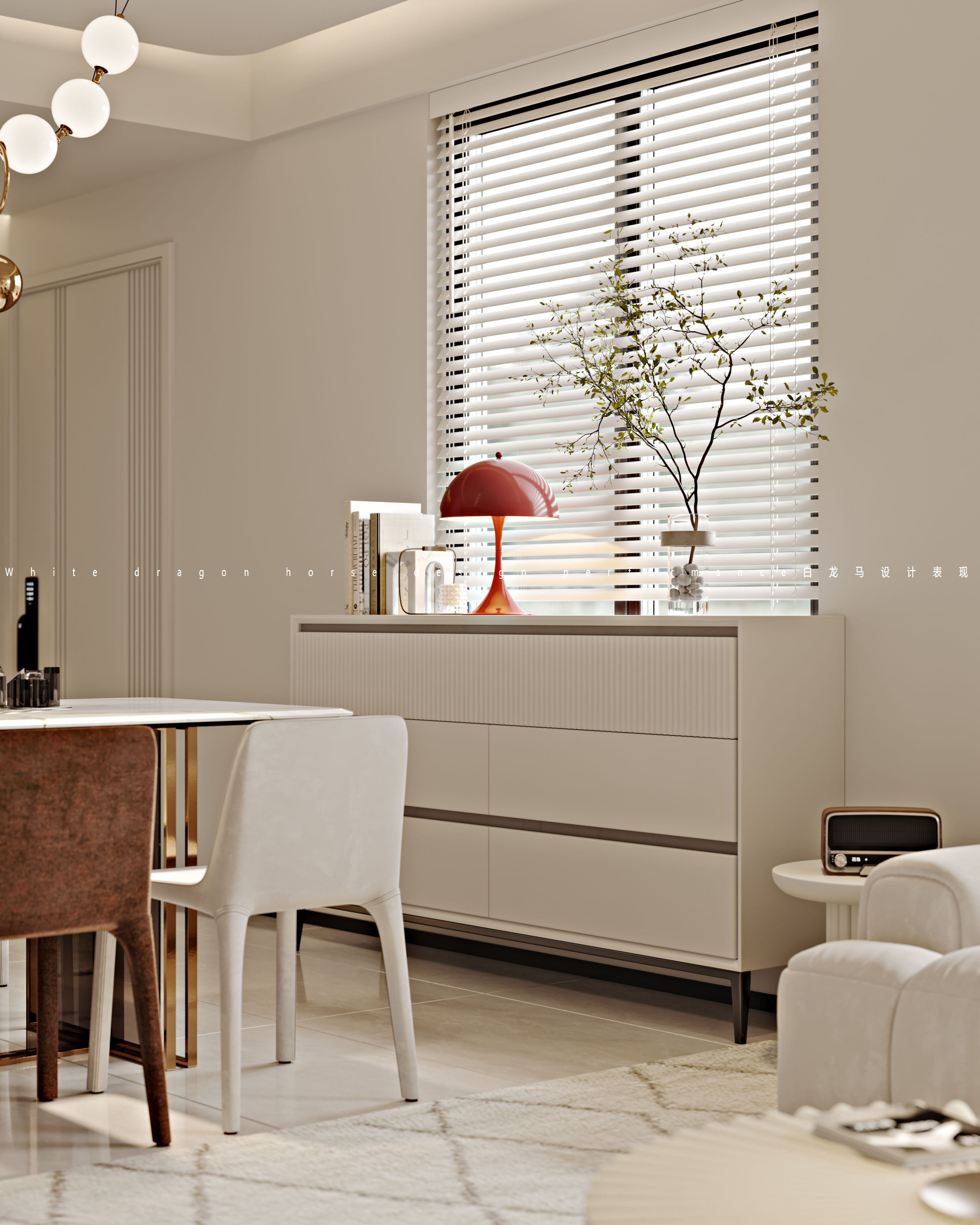 奶油风客餐厅卧室——白龙马效果图-8