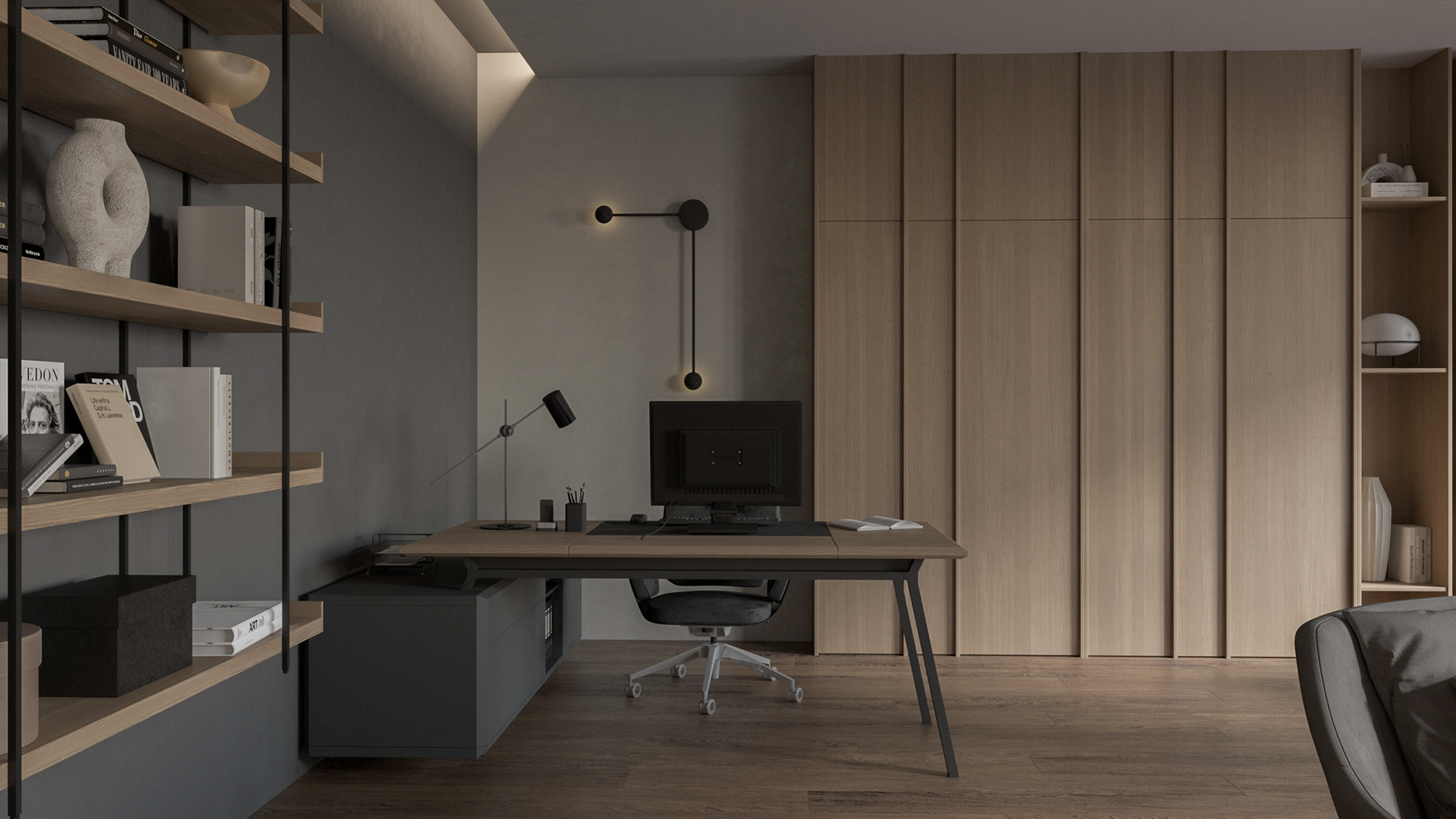 Living room interior design with workspace. Autumn mood-3