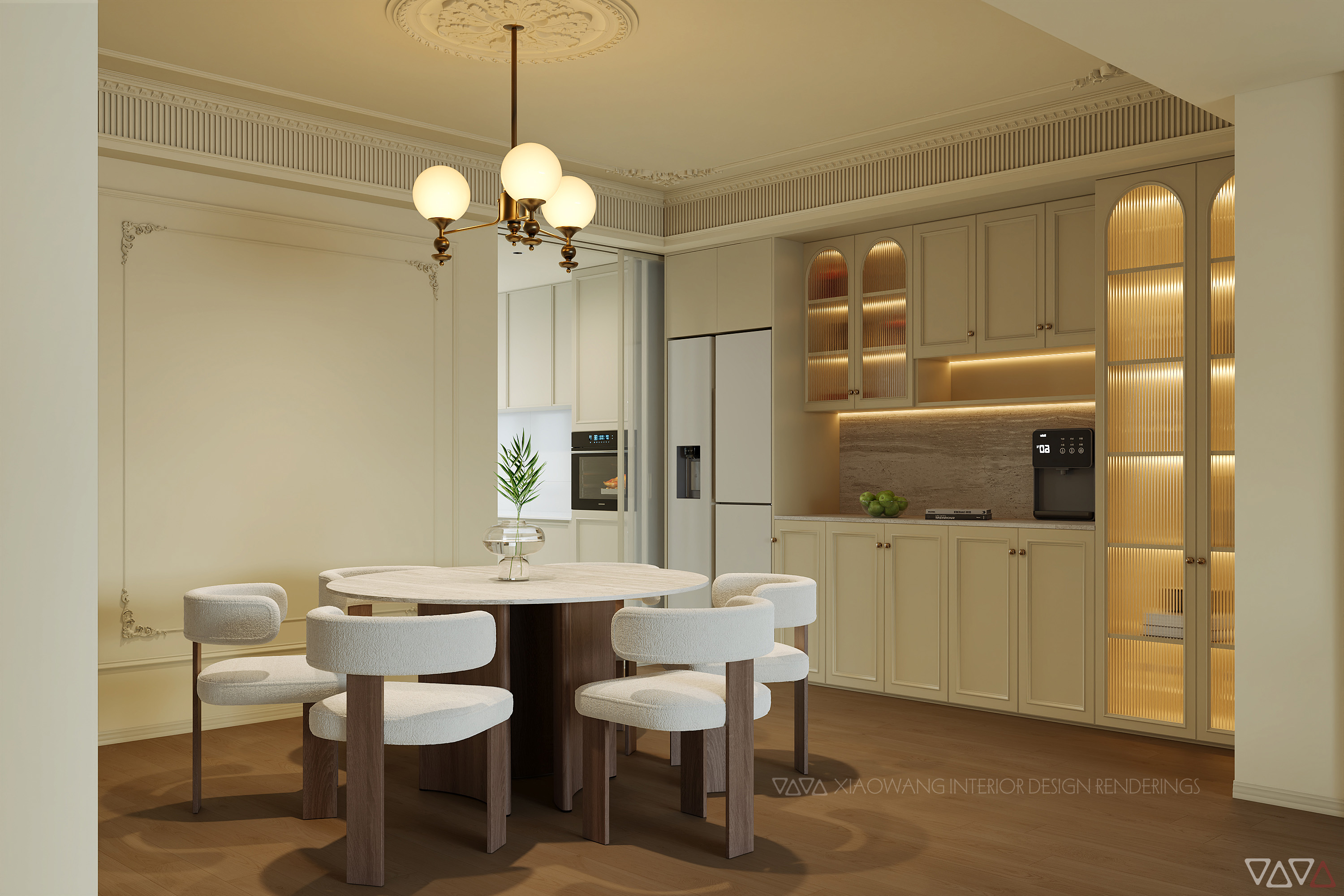 法式奶油风客餐厅效果图-11