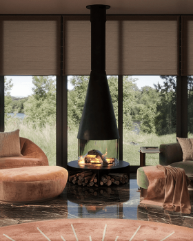 Interior design of a country house with fireplace