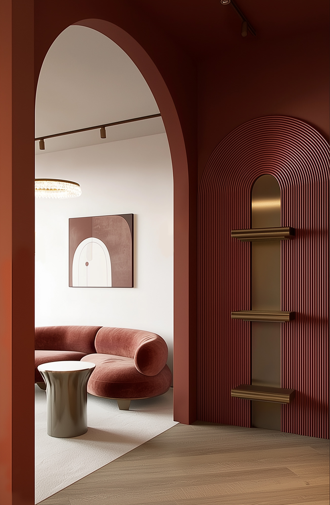 用红色弯曲（绘制、勾勒等，需结合具体语境确定curved准确含义）

注：由于不清楚curved在具体语境中的准确动作，这里给出一个宽泛解释若有更详细语境，可提供以得到更精确翻译  -16