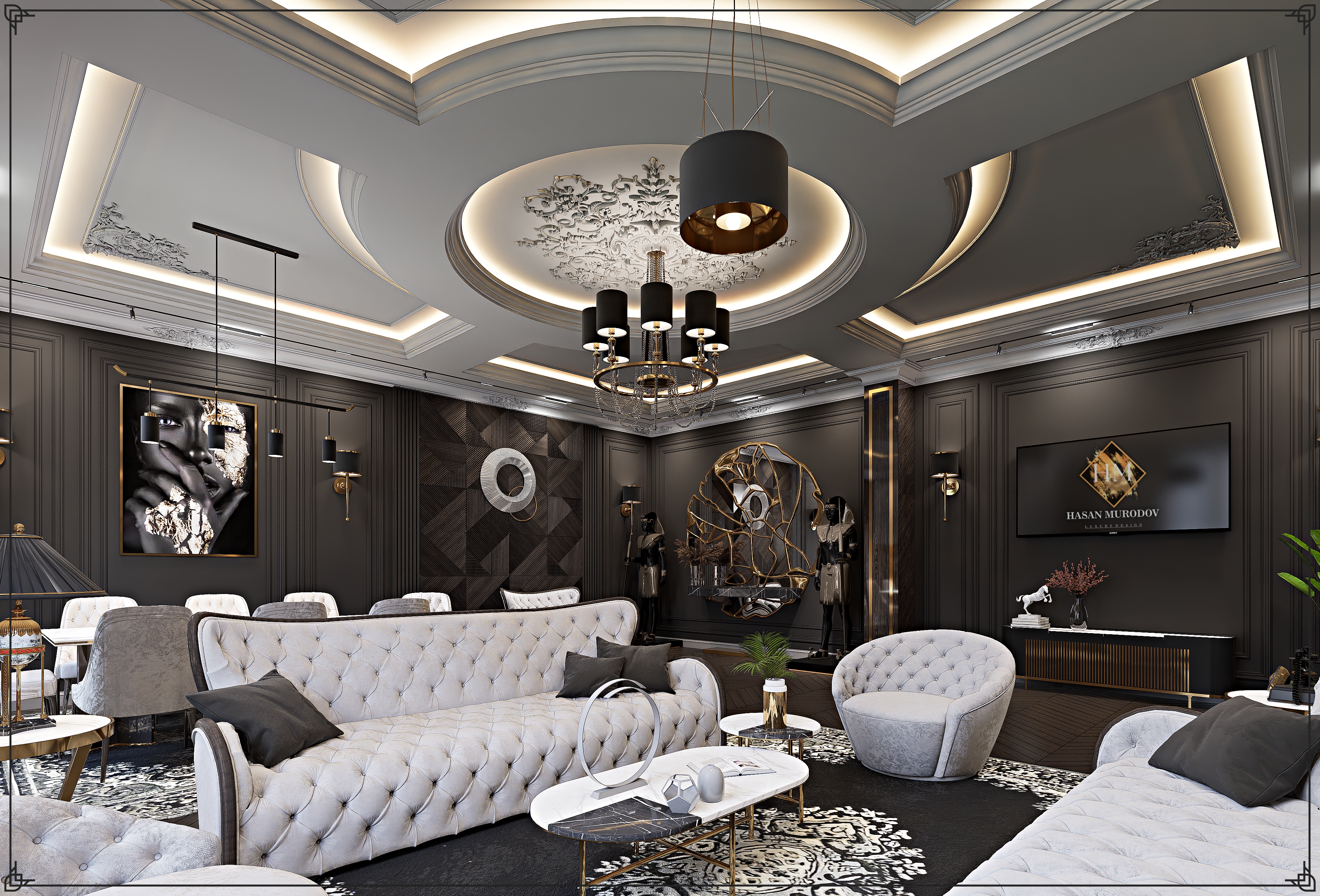 living room in neoclassical style in dark colors-8