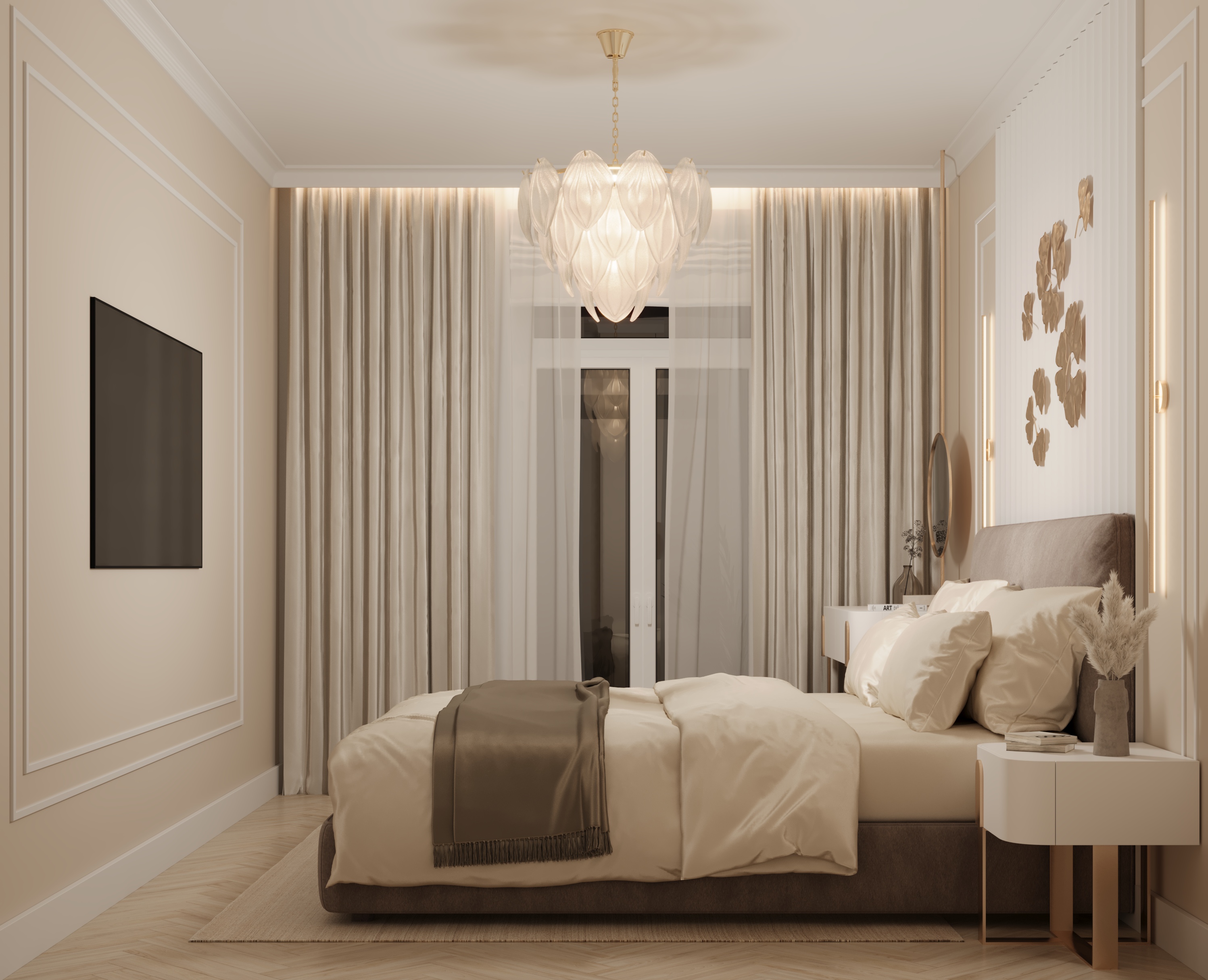 Beige color bedroom with metal decor 3D visualisation-3