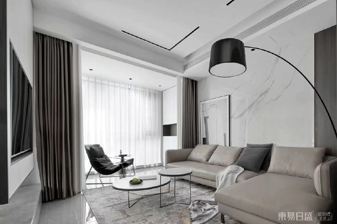 155㎡现代黑白灰简约风复式，客餐厨一体改出通透大视野-3