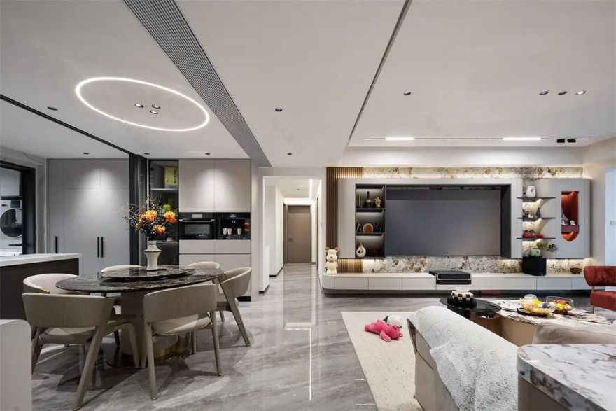 深圳30万打造180平深灰现代简约风教科书!无主灯+原木大理石客厅封神-5