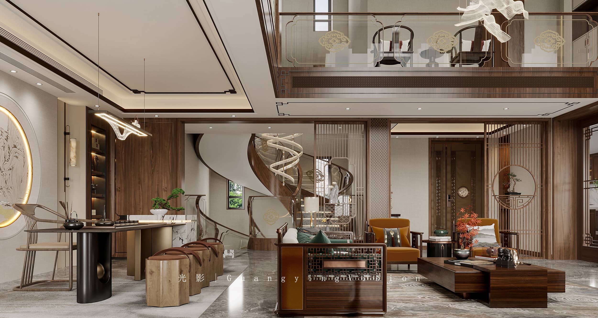 新中式别墅效果图-7