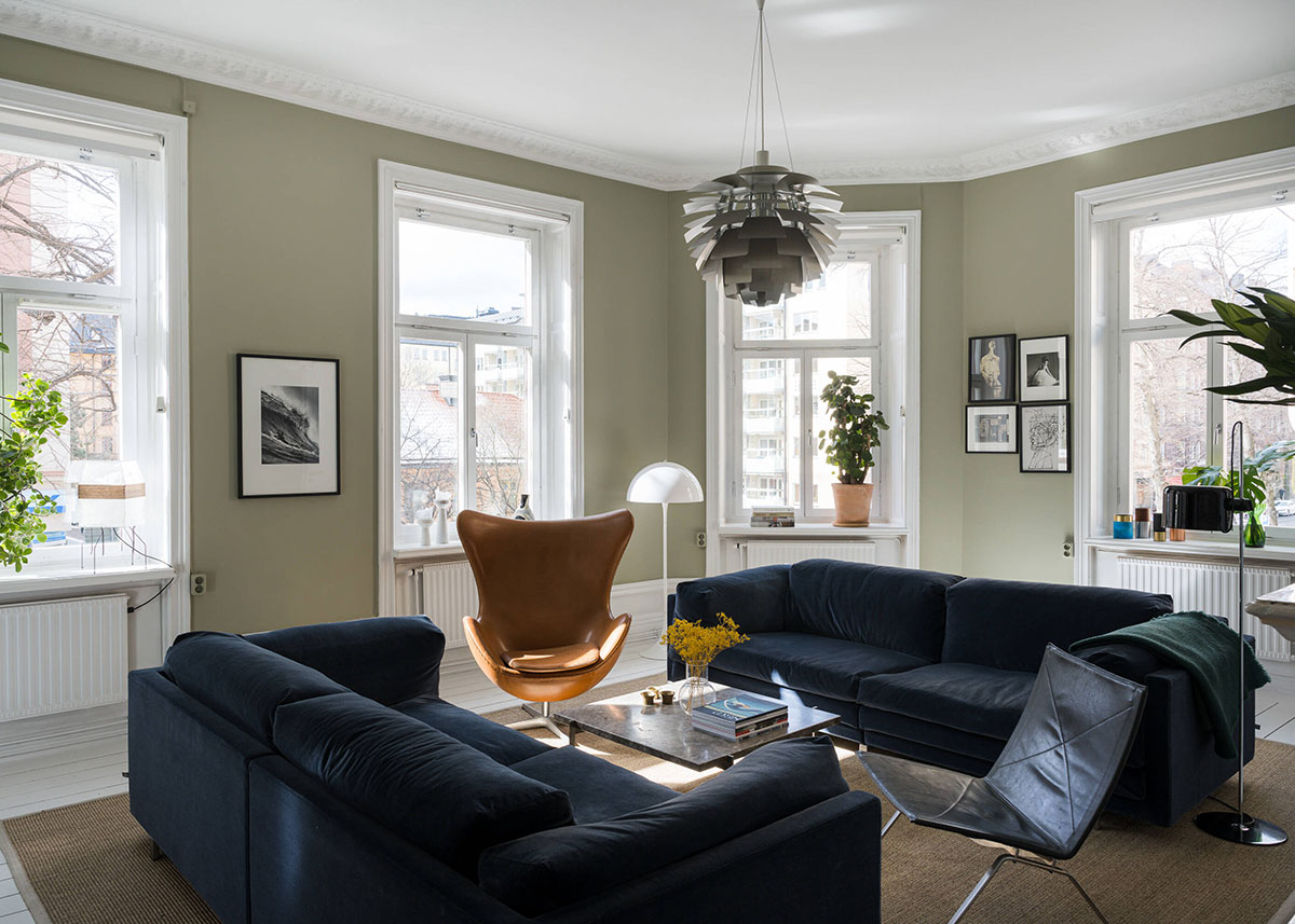 斯德哥尔摩橄榄绿公寓，冲浪板成独特装饰-1