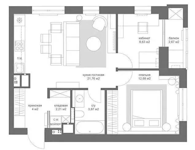 莫斯科 54㎡少女心公寓，LDK 一体化，清新绿++ 原木打造舒适空间-4