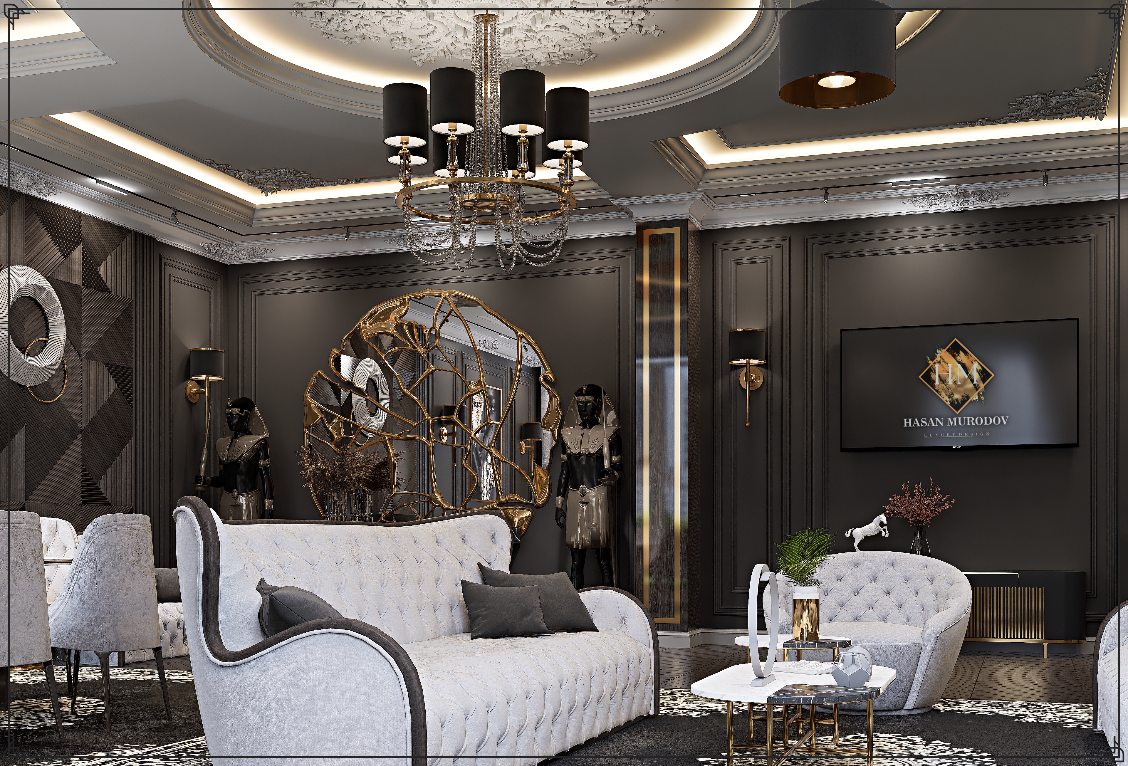 living room in neoclassical style in dark colors-6