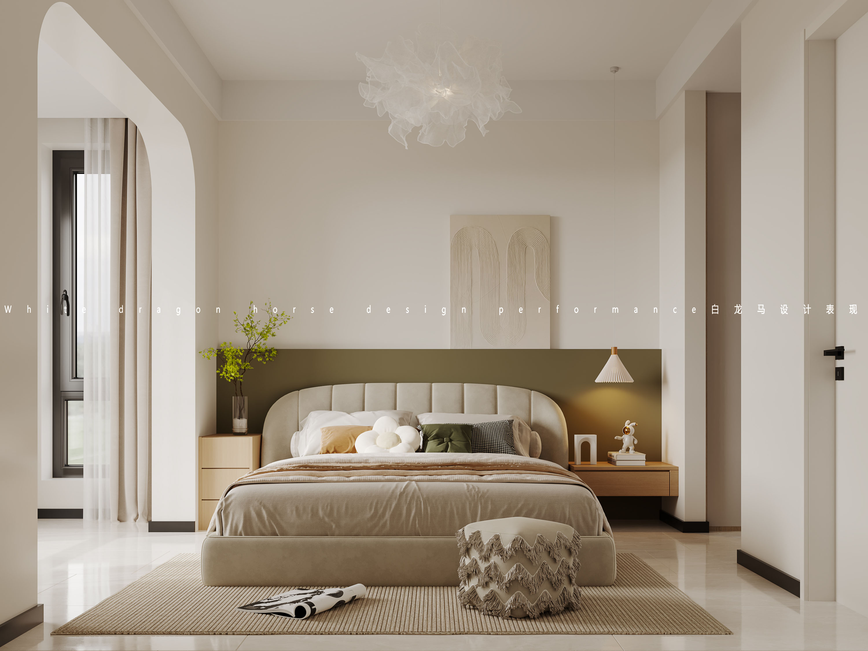 奶油风客餐厅卧室——白龙马效果图-6