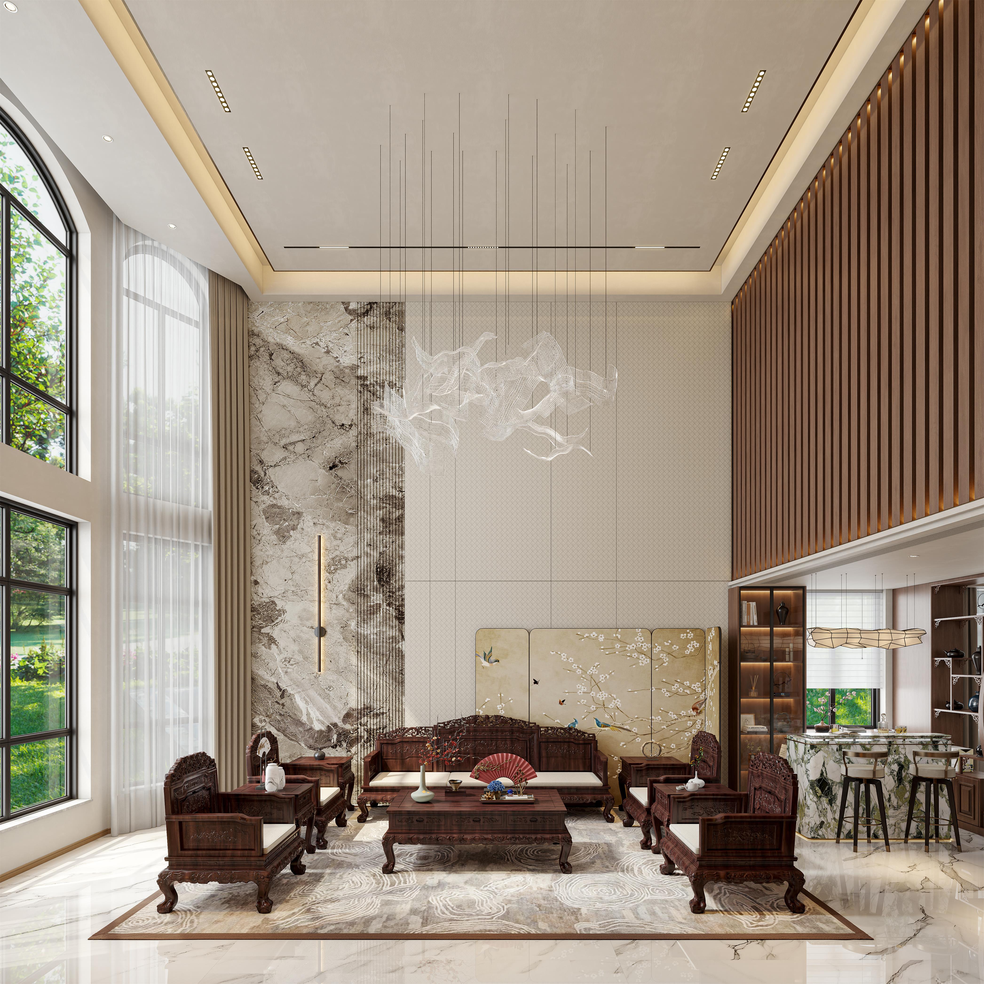 新中式挑空别墅全屋全景-1