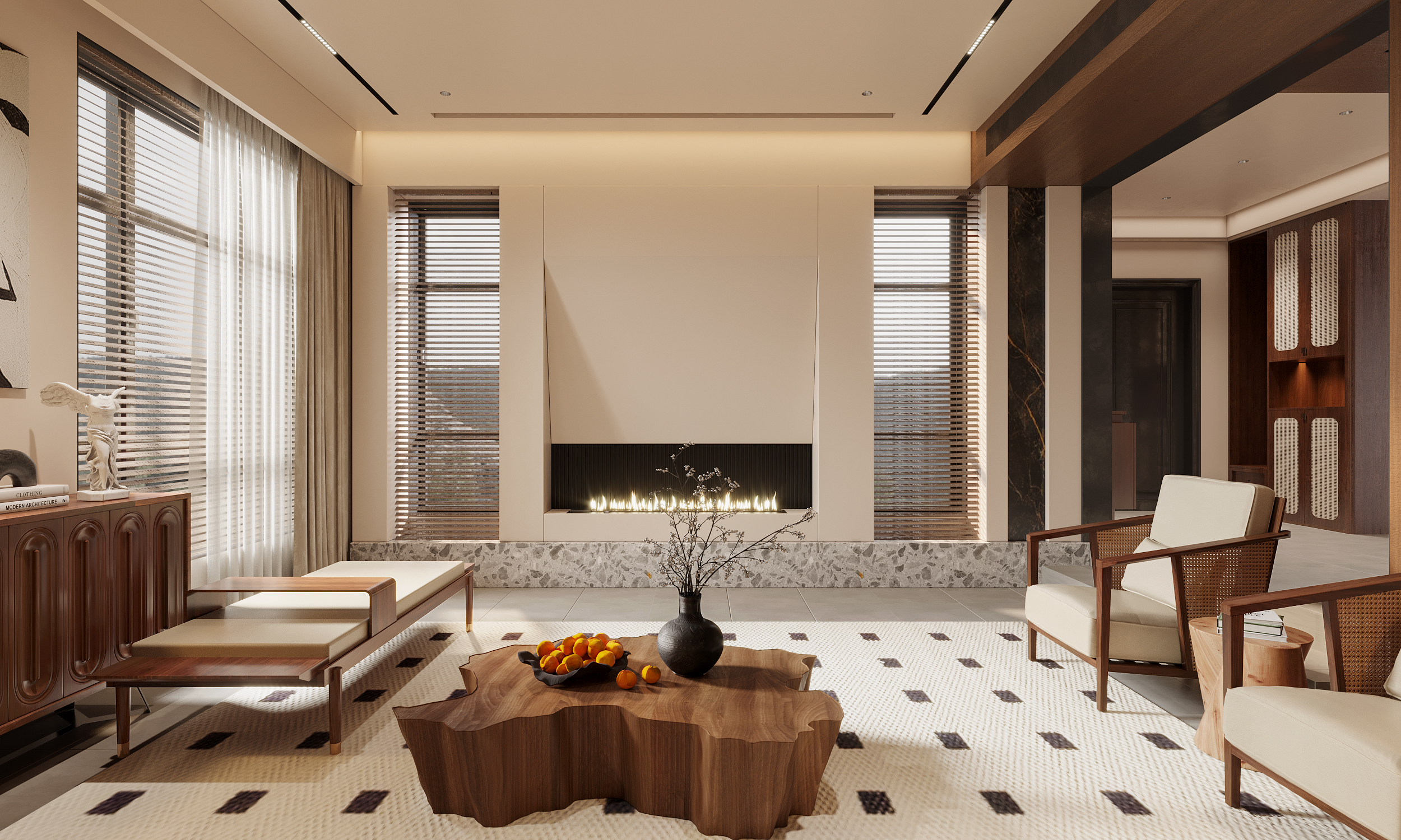 奶油中古风别墅效果图方案-6