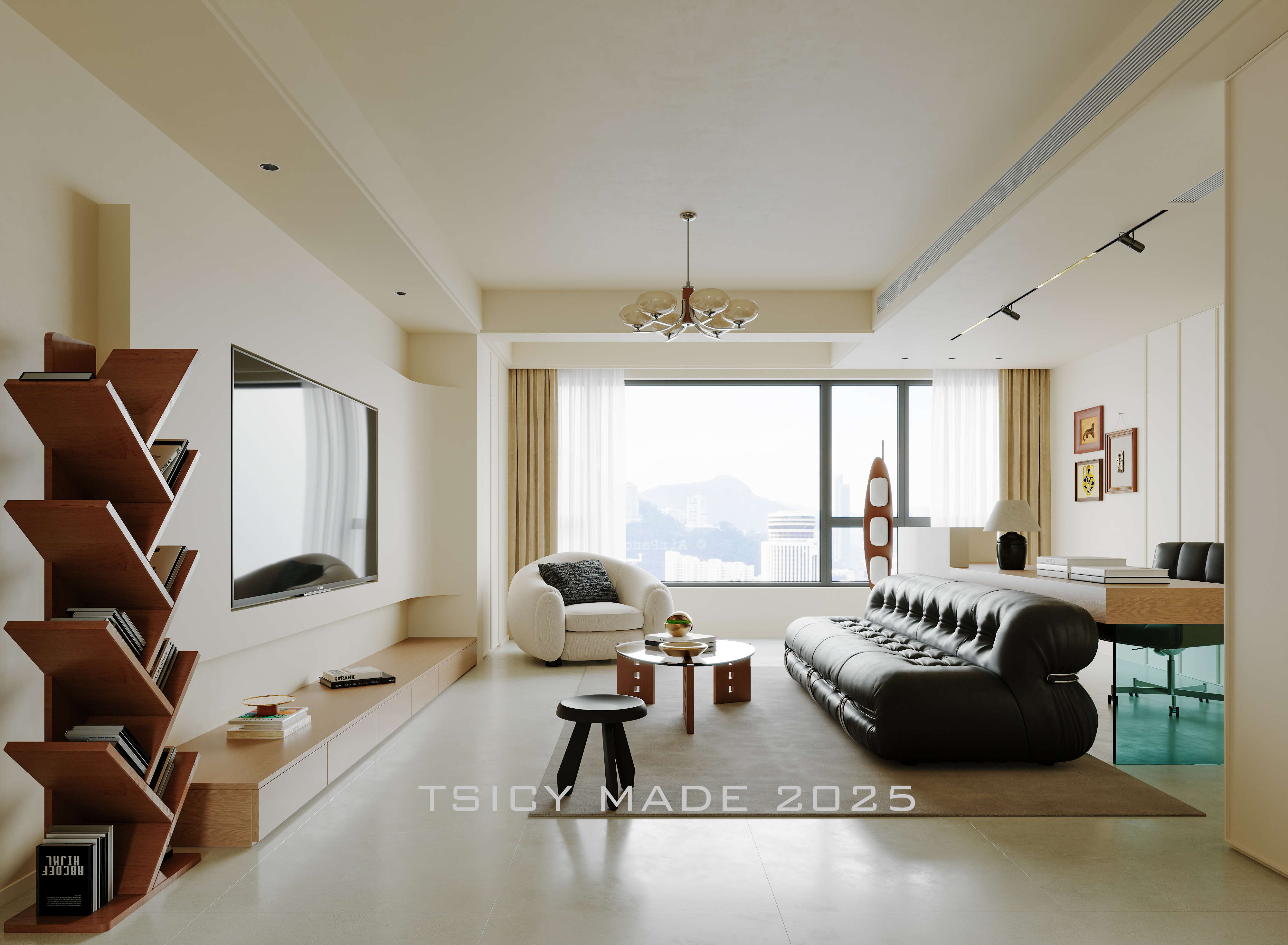 最近渲染//奶油风客厅-3