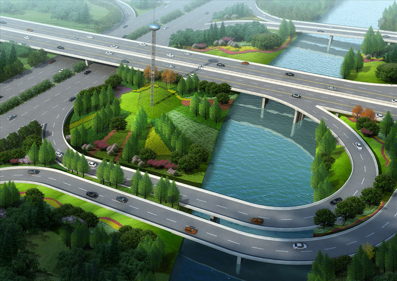 高架桥.立交桥景观绿化设计案例鸟瞰效果图-19
