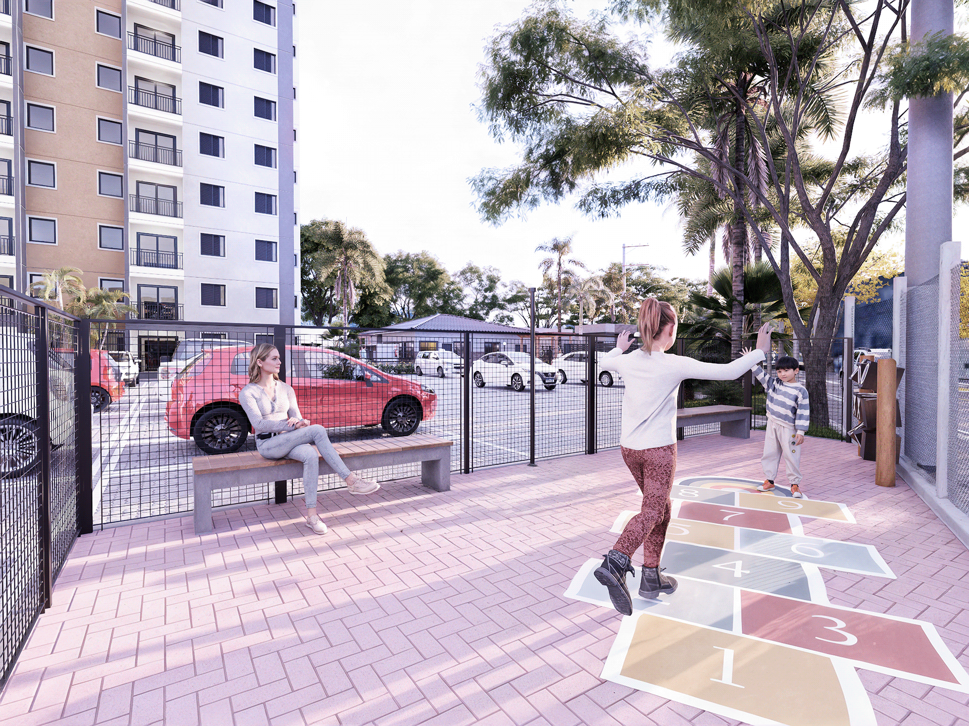 Visualização Arquitetônica: Fachada e Área de Lazer-17