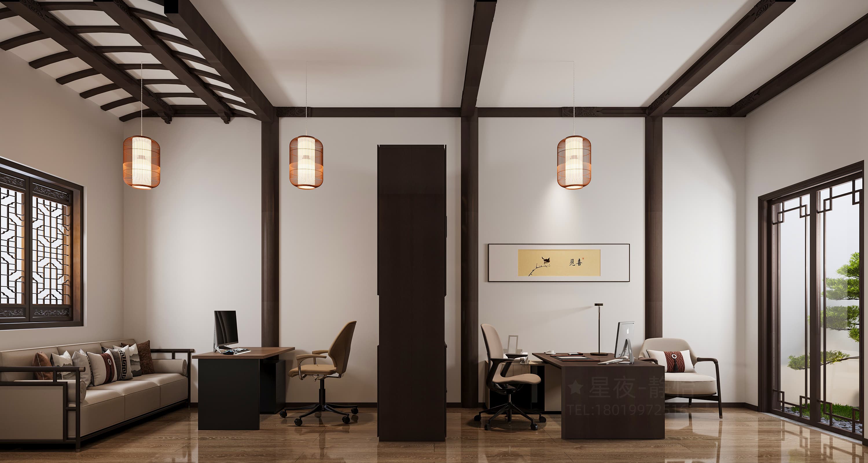 中式办公室+庭院效果案例-0