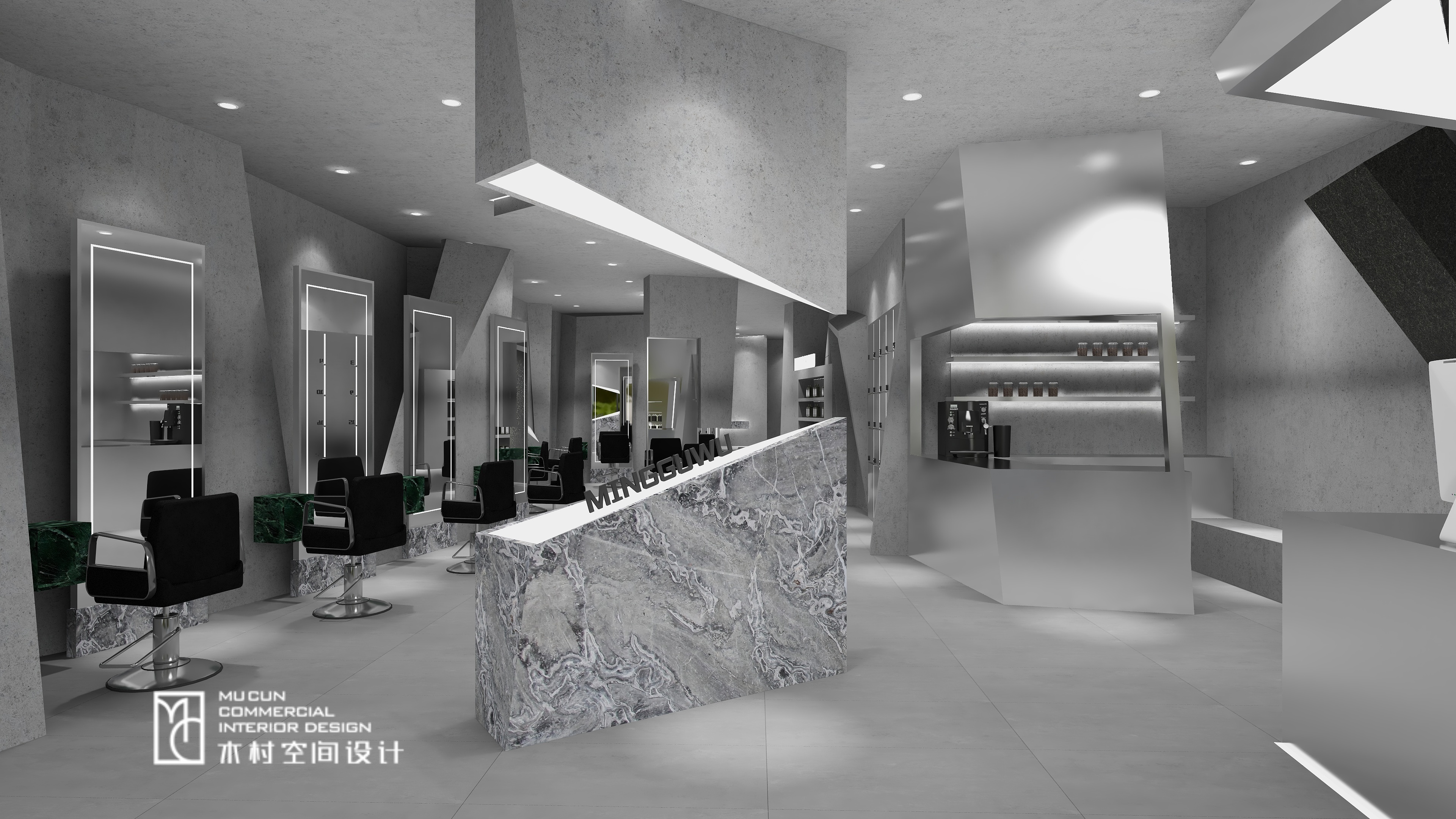 黑白灰理发店设计丨中国无锡丨木村空间美学-7