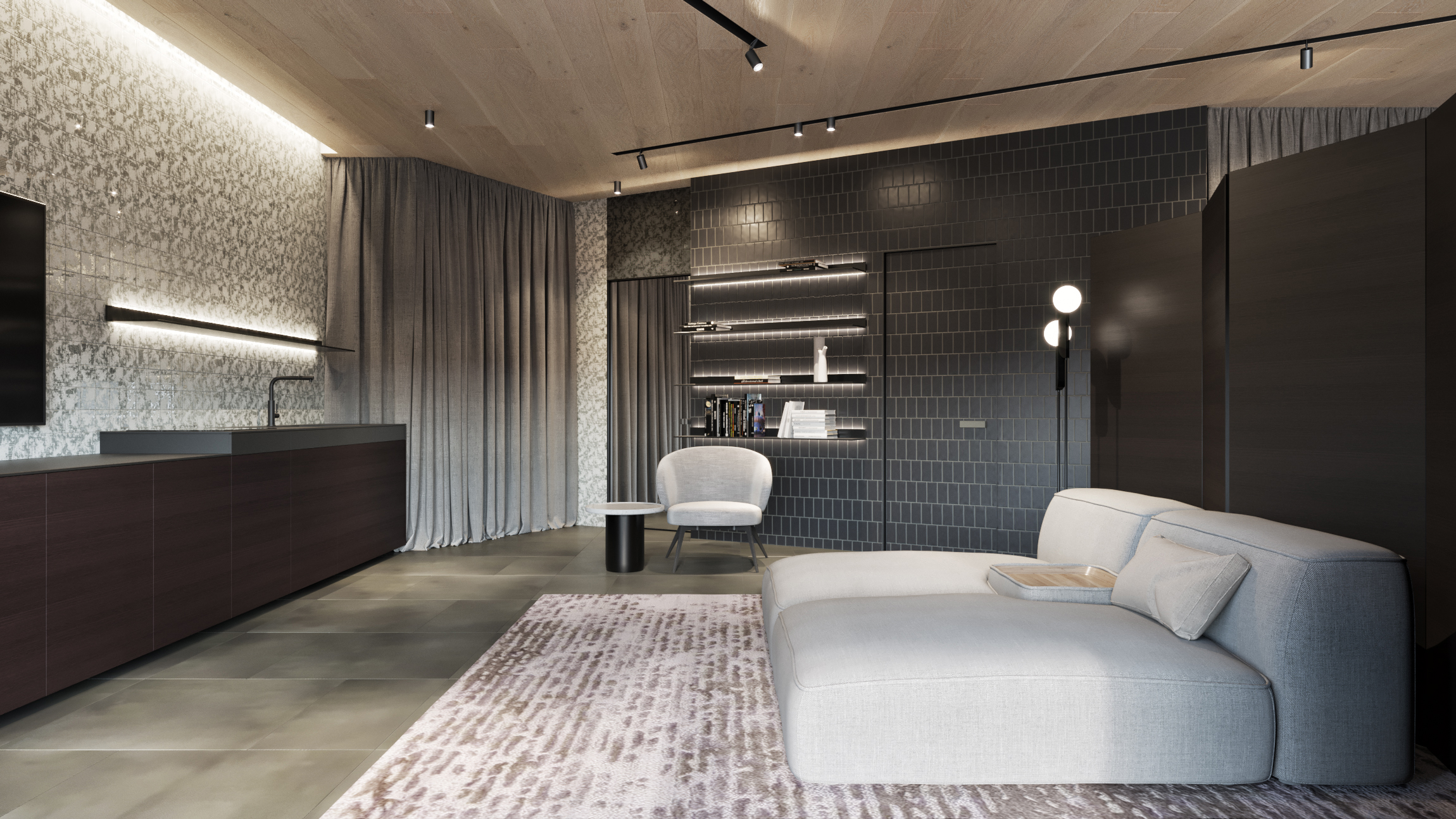 乌克兰市中心迷你公寓,温暖暗色调营造放松空间-3