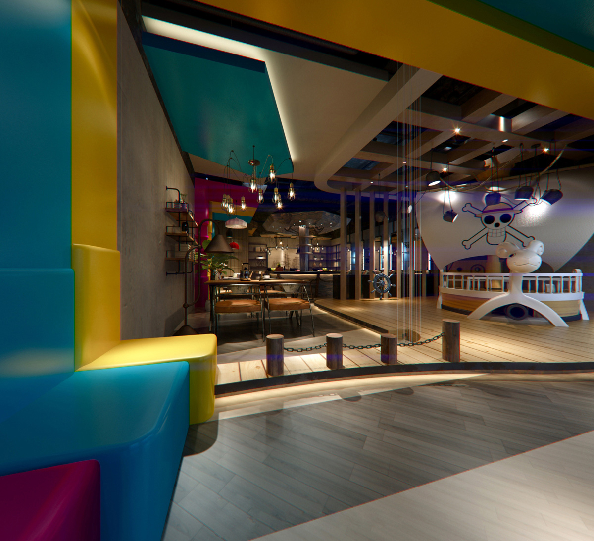 餐厅设计效果图中餐厅餐厅包间包房小吃店面馆工业主题餐厅-3-2