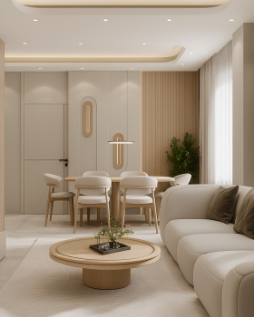 A cozy and minimal living and dining area