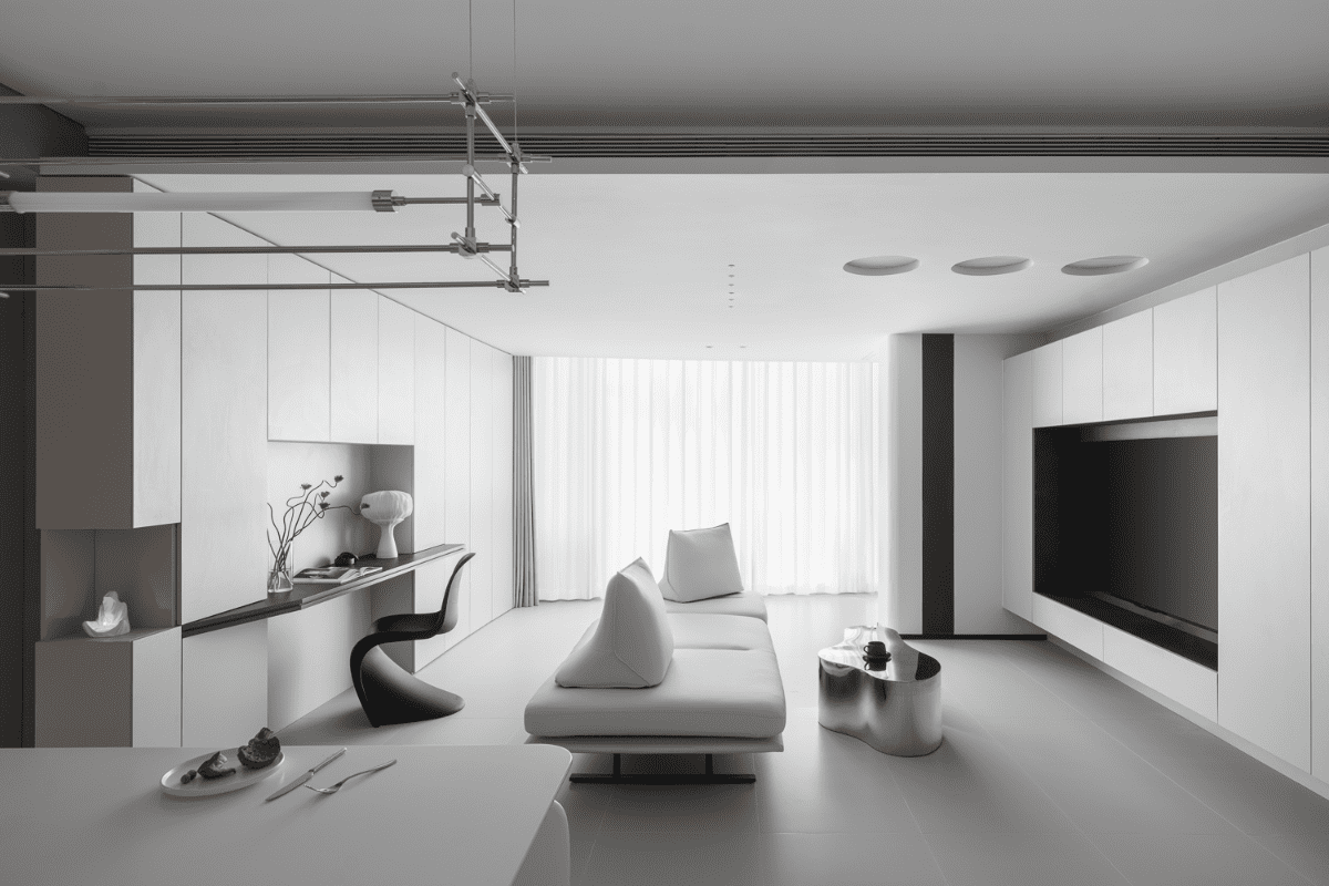 桌柜一体+开放布局释放空间，黑白极简谱写“断舍离”生活乐曲-8