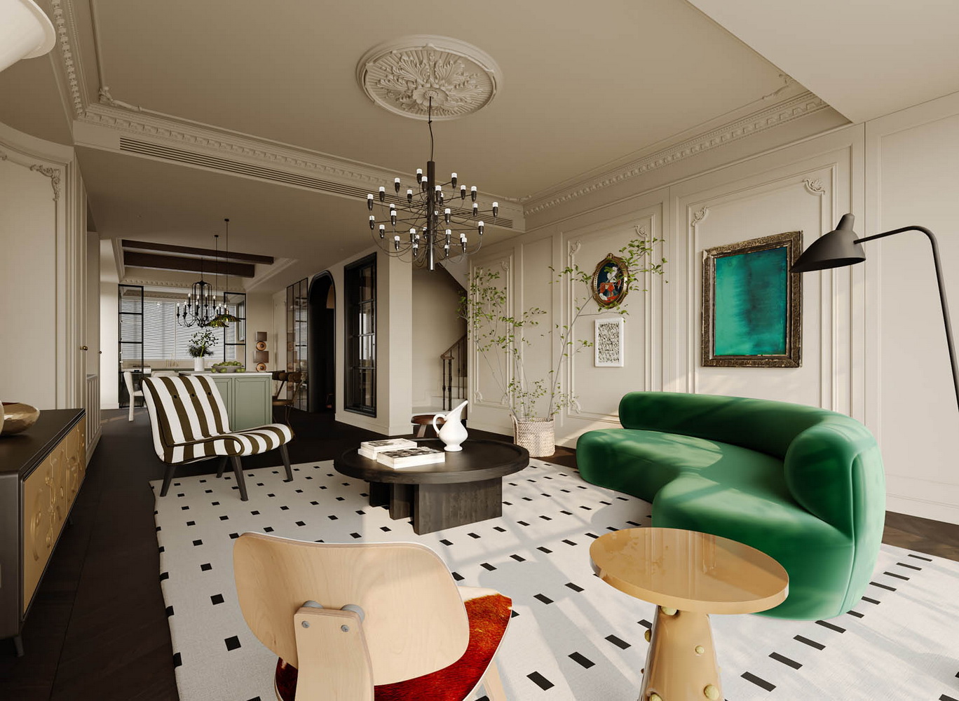 现代中古风别墅私宅1F空间SU模型-6