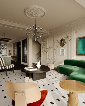 现代中古风别墅私宅1F空间SU模型