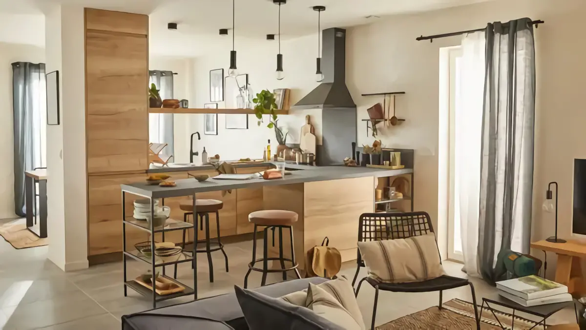 开放式木质厨房设计，现代而温馨-3