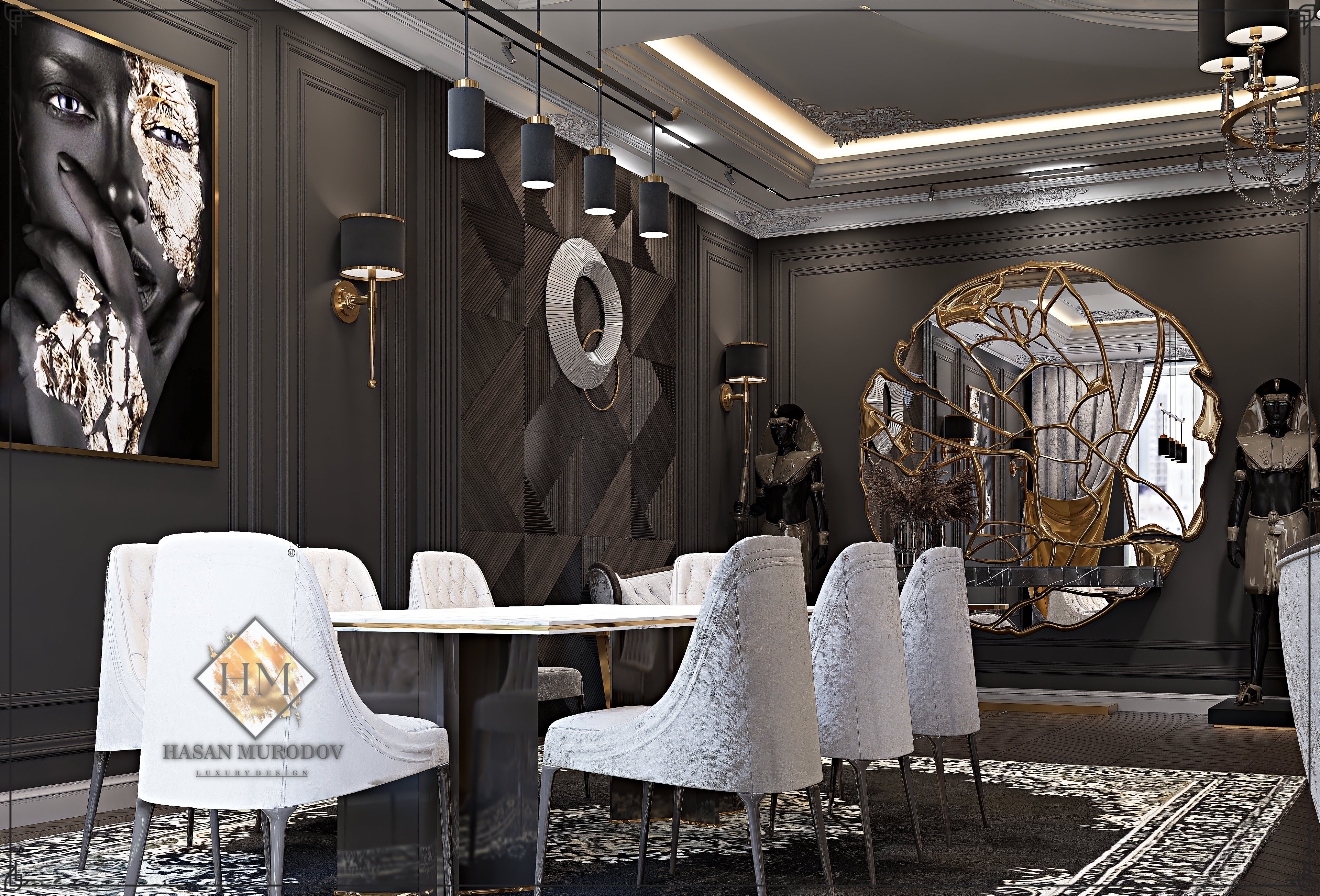 living room in neoclassical style in dark colors-5