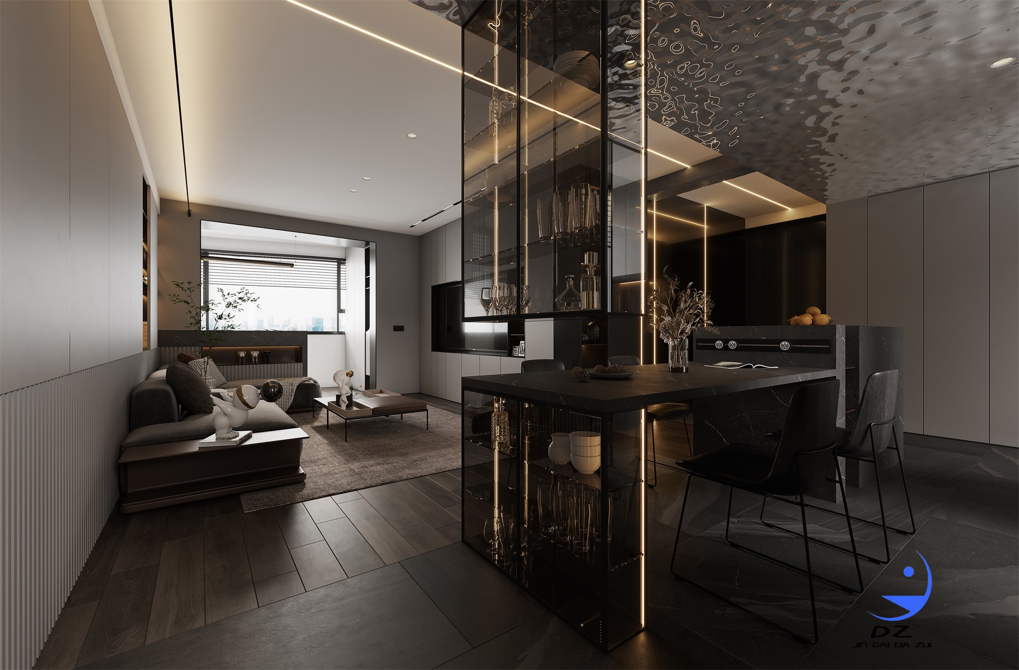 现代黑白系客餐厅卧室过道效果图-9