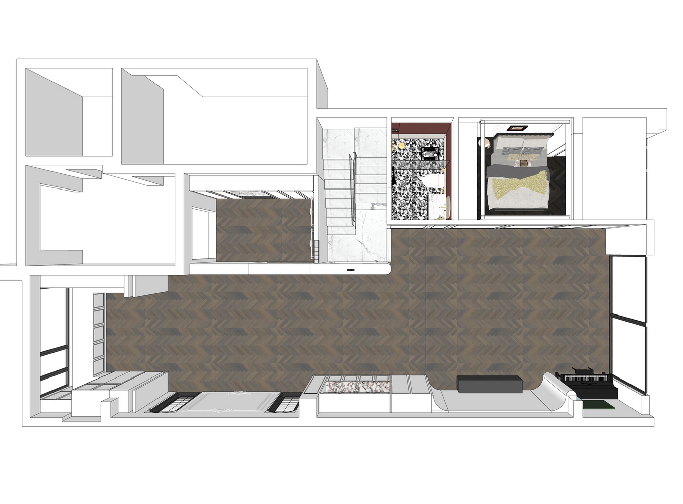现代中古风别墅私宅1F空间SU模型-2