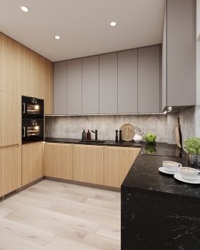 Wood veneer small kitchen design