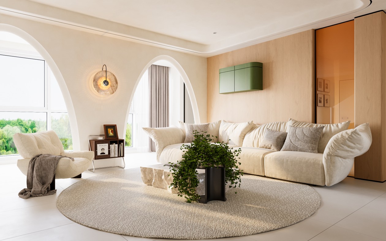 现代奶油风客餐厅效果图表现-1