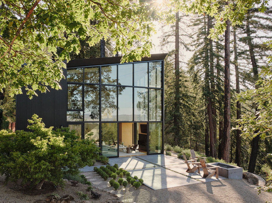加州纳帕谷的现代玻璃金属森林别墅-2