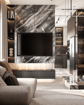 A modern-style living room and kitchen.