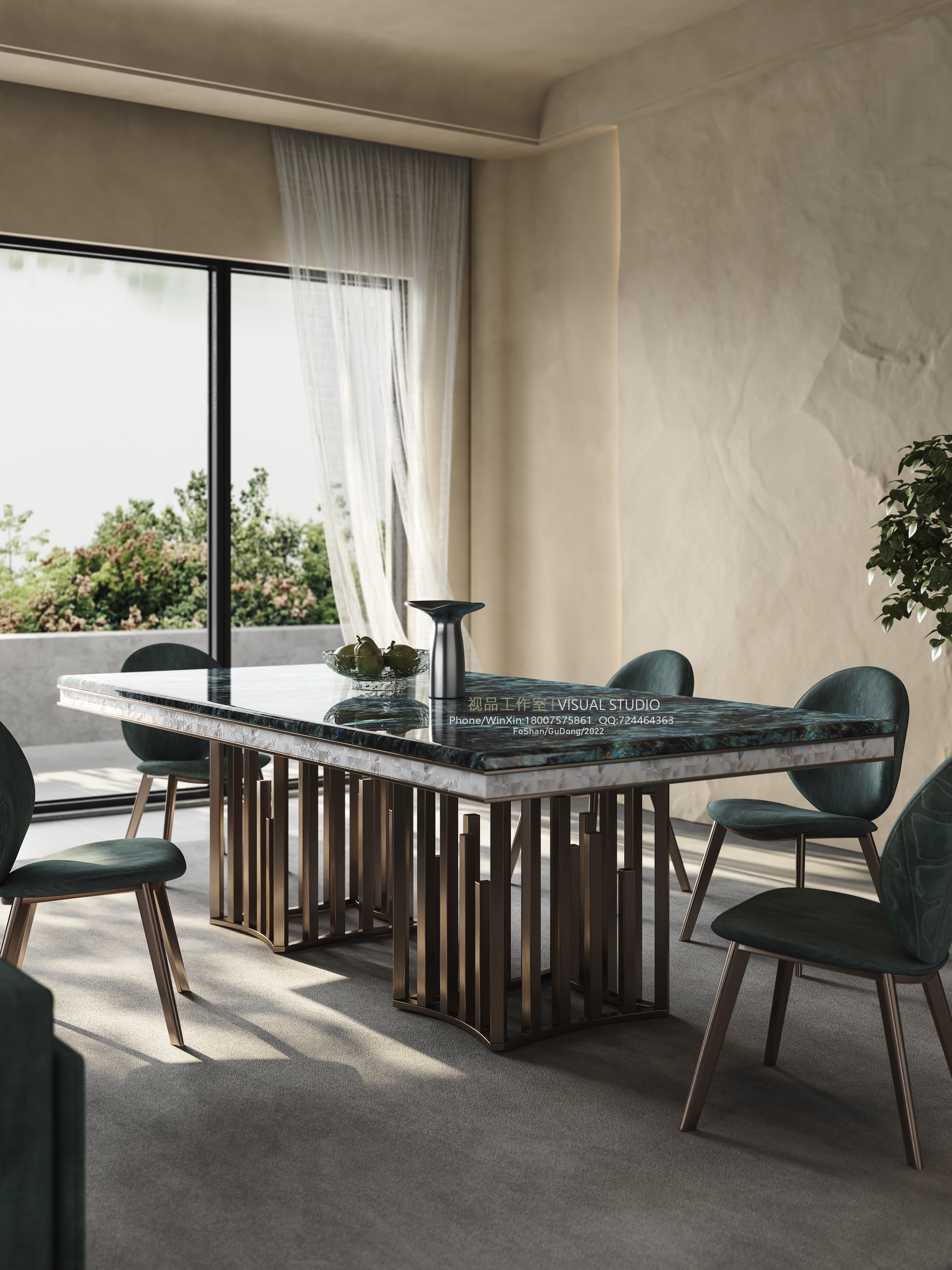 诧寂风格奢石方形餐桌写实效果图-3
