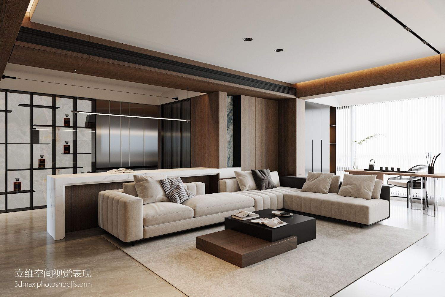 金属与原木的碰撞|现代客餐厅效果图-2