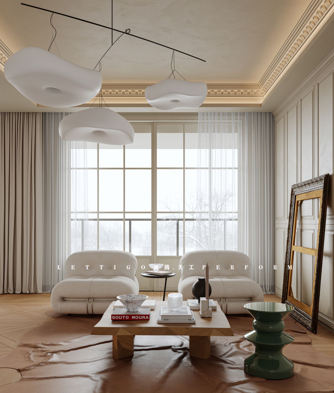 微微的复古气息增添了轻法式客厅的松弛感-2