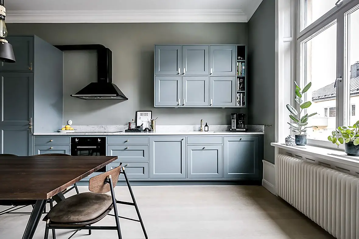 瑞典古典公寓的复古工业蓝灰色设计-3