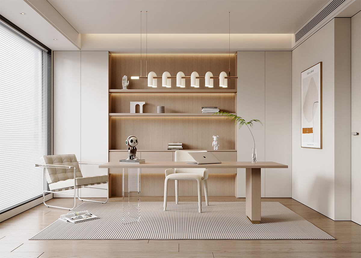 现代奶油风书房-0