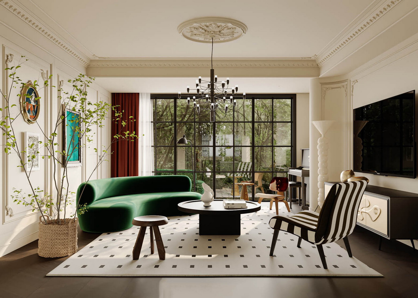 现代中古风别墅私宅1F空间SU模型-4